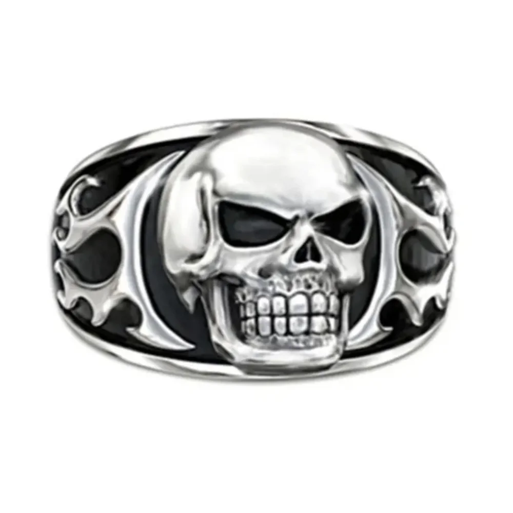Skull Ring “Fear Nothing” Engraved Silver Tone Biker Ring Gothic Statement T1B1B